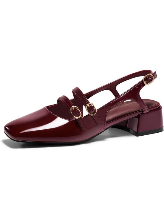 Shoes - Women's Dark Red Mary Jane Chunky Low Heel Slingback Closed Square Toe Shoes